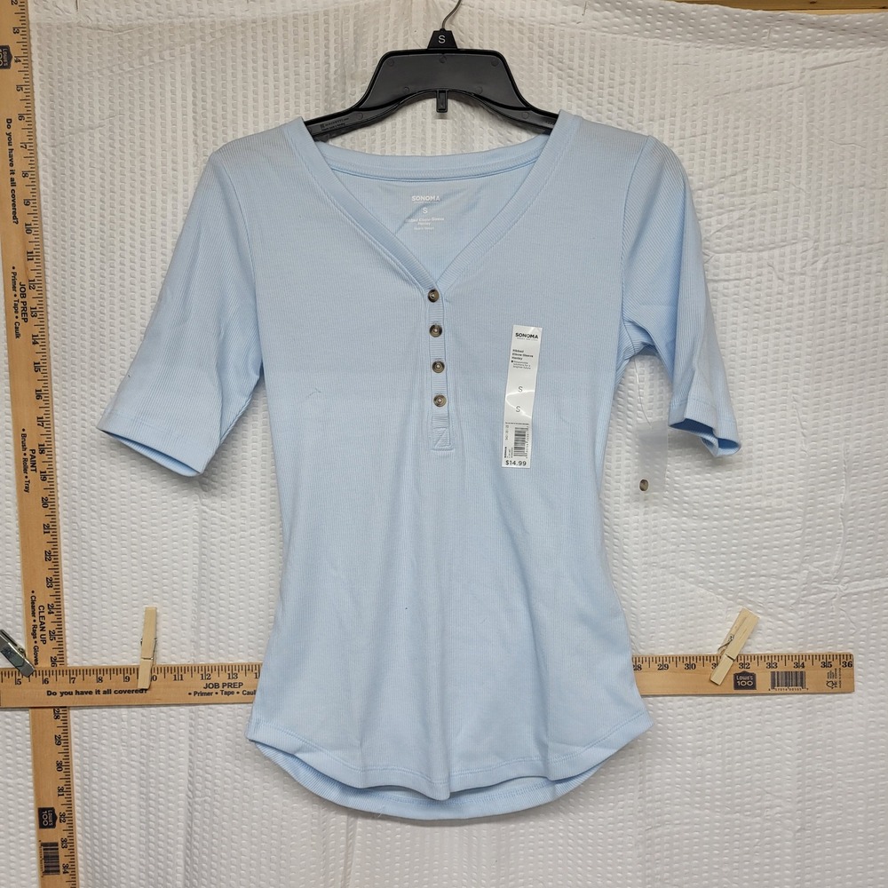 Sonoma Goods for Life Womens Light Blue Ribbed Elbow Sleeve Henley Top Size S